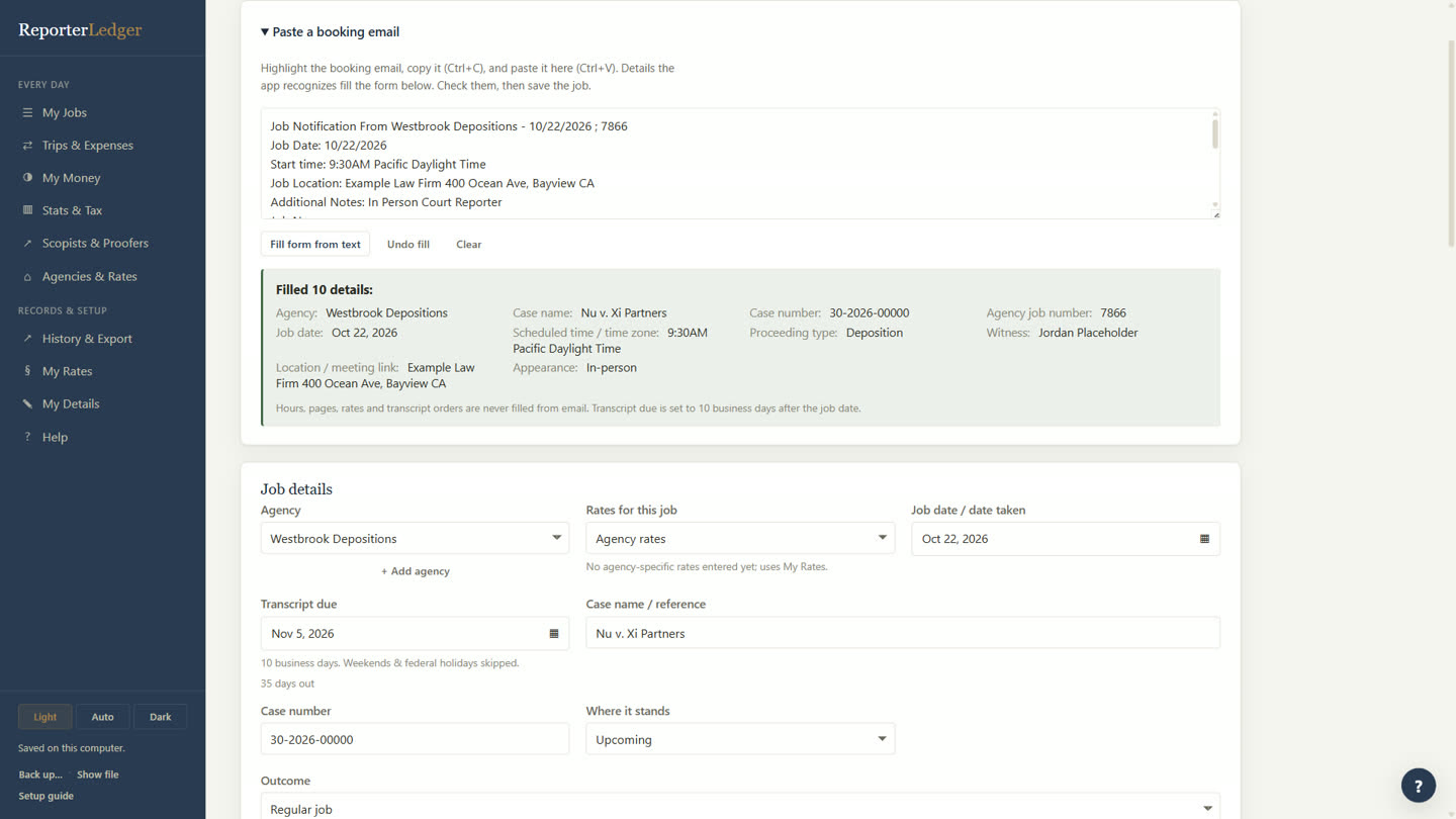 A pasted booking email with 10 job details filled in automatically